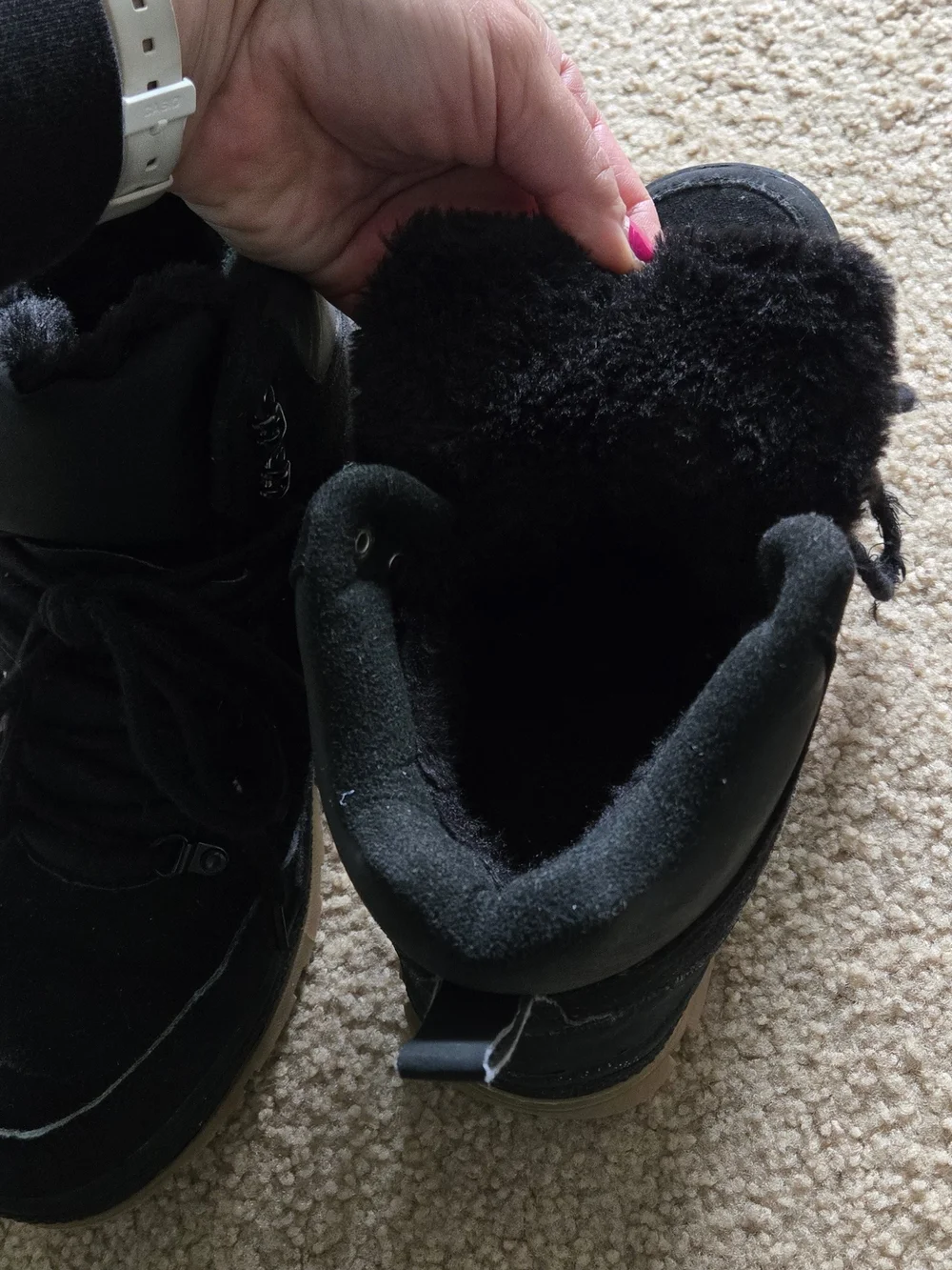 Black Lace-Up Fur Lined Hiking Boots with Rubber Soles